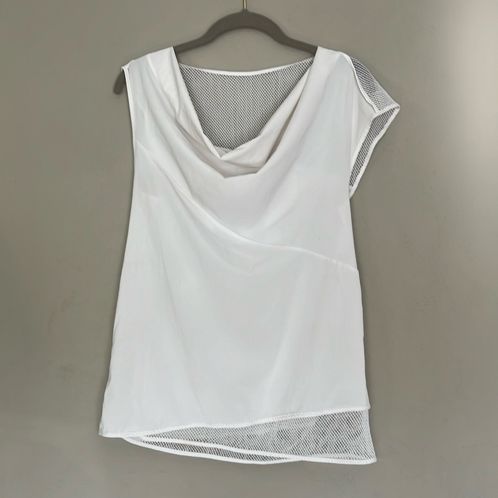 DKNYC white mesh cowl neck top asymmetrical seams, wear as coverup, edgy sexy